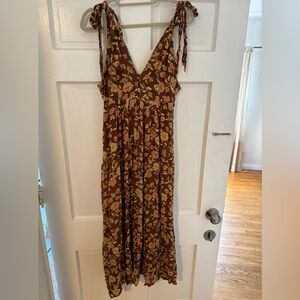 Faithfull the Brand Brown Floral Tie-Shoulder Maxi Dress